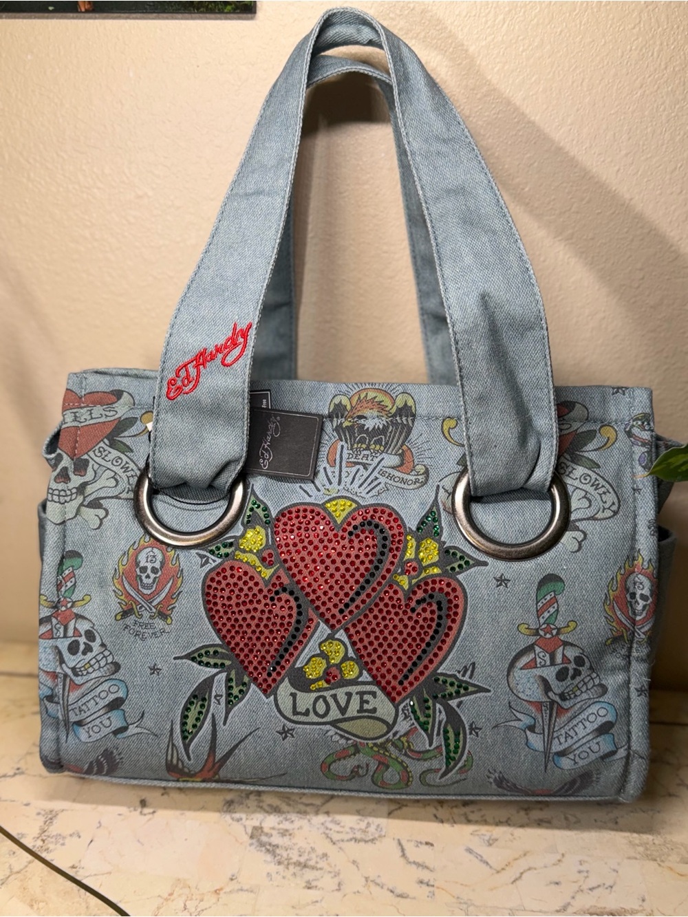 Ed Hardy Light Blue Denim Tote with Red Heart Studs